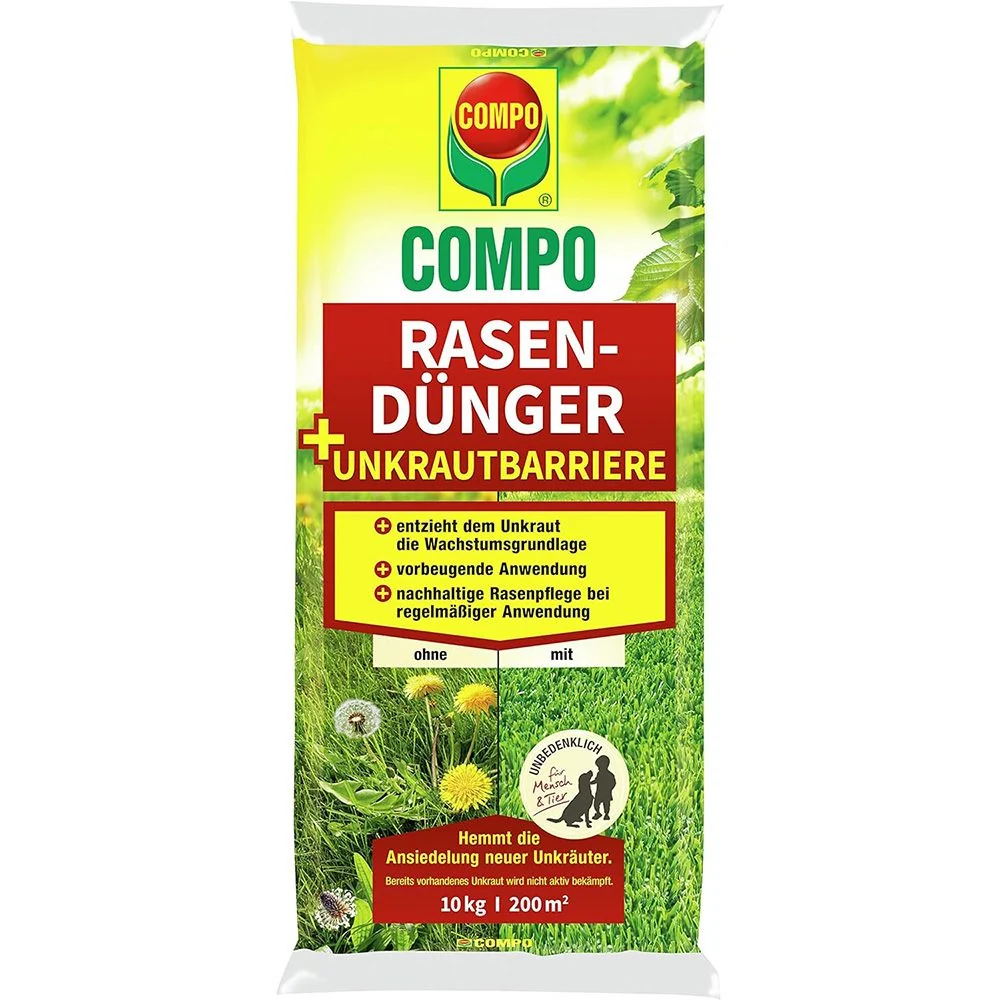 Ingrasamant gazon anti buruieni preventiv COMPO efect 6–8 saptamani, fertilizant organic-mineral, 200 mp, 10 kg