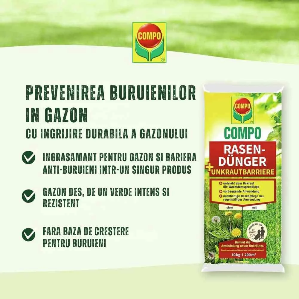 Ingrasamant gazon anti buruieni preventiv COMPO efect 6–8 saptamani, fertilizant organic-mineral, 200 mp, 10 kg