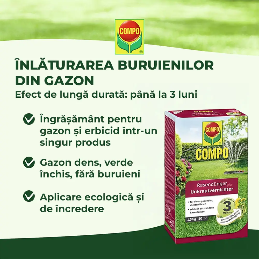 Ingrasamant gazon Compo Floranid, 6 kg pentru 200 mp, cu erbicid 2 1 efect imediat si de lunga durata