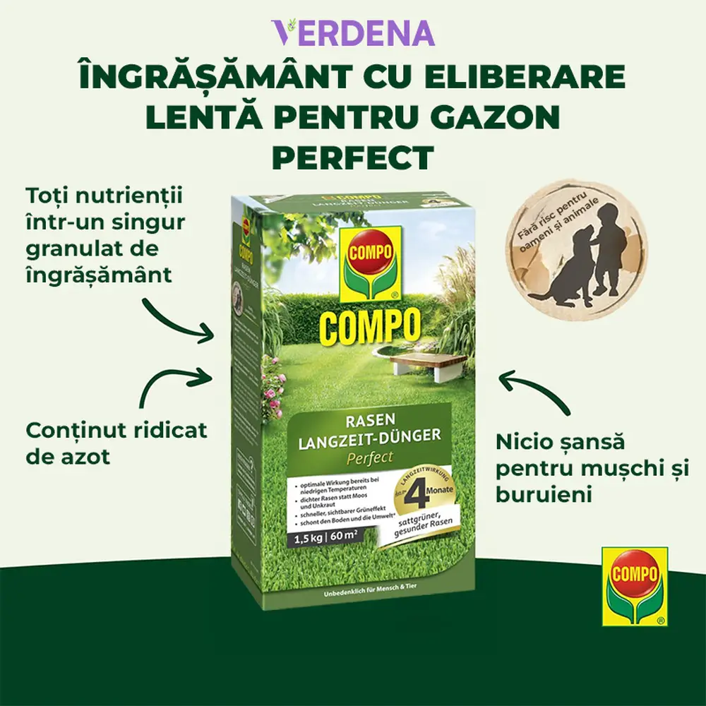 Ingrasamant gazon Compo, 1.5 kg pentru 60 mp, efect de lunga durată anti-muschi si buruieni