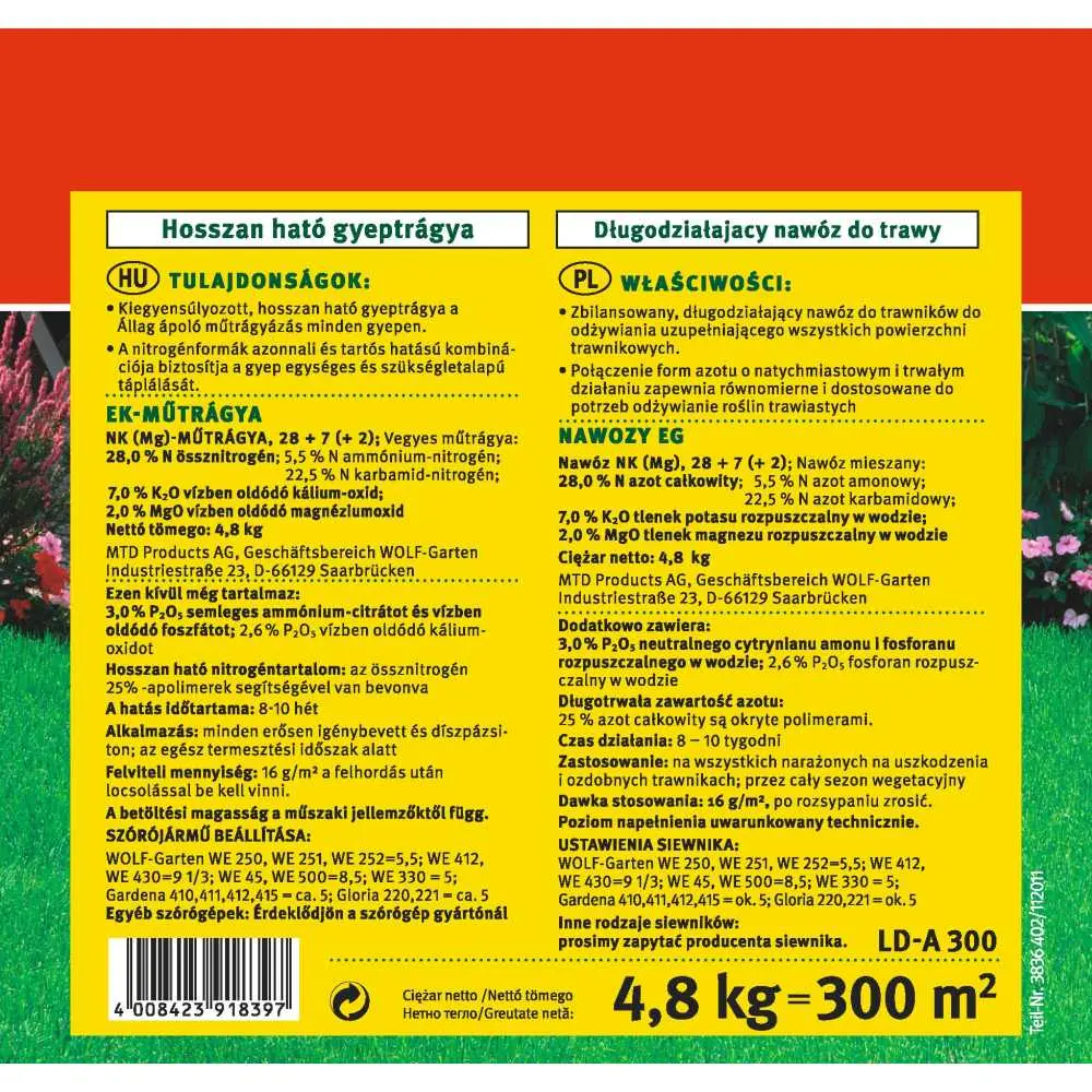 Ingrasamant gazon cu eliberare lenta wolf garten, 4.8 kg pentru 300 mp, efect de lunga durata pana la 120 zile, crestere u...