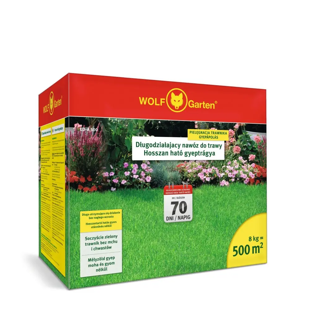 Ingrasamant gazon cu eliberare lenta Wolf Garten, 8 kg pentru 500 mp, efect de lunga durata pana la 120 zile, crestere uni...