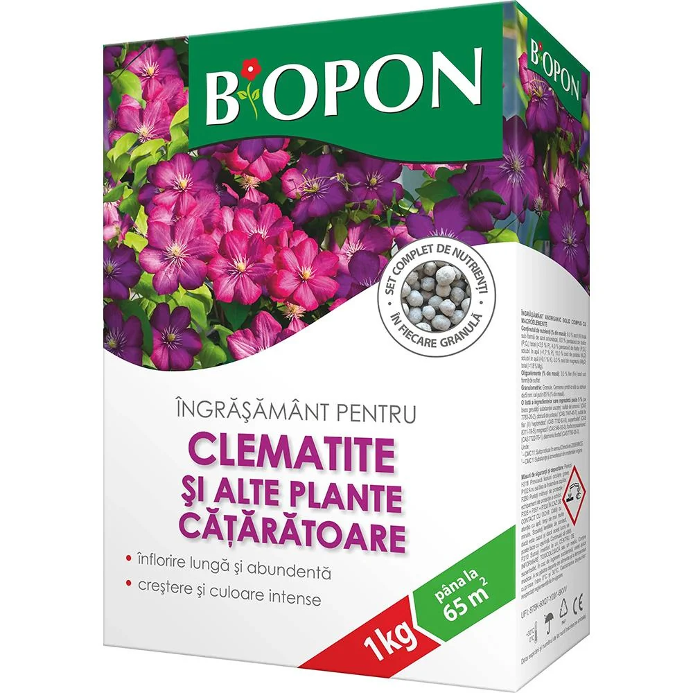 Ingrasamant granulat BIOPON pentru clematite si plante cataratoare, flori abundente si frunze verzi, 1 kg