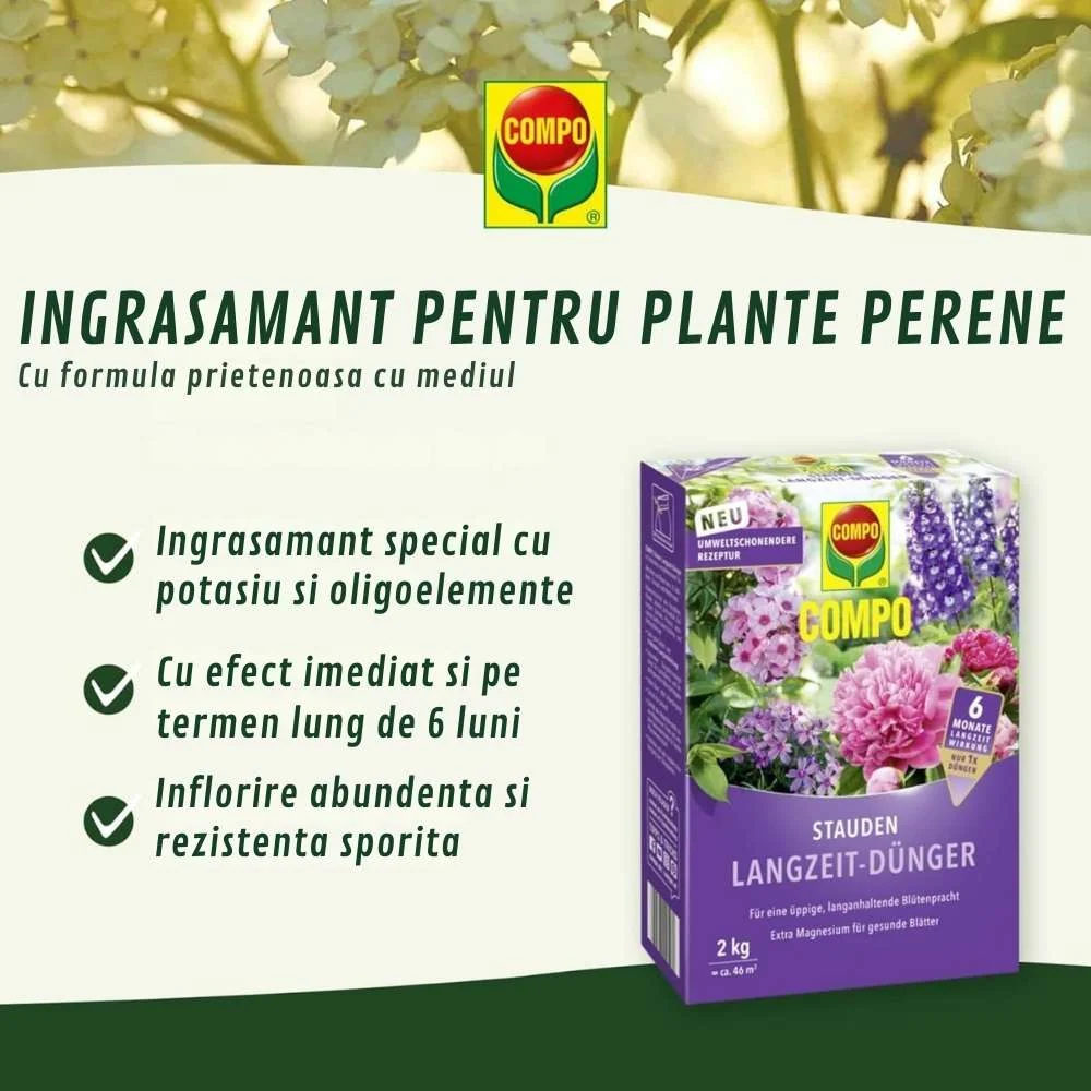 Ingrasamant granulat COMPO pentru plante perene si arbusti ornamentali, efect indelungat 6 luni, 2 kg