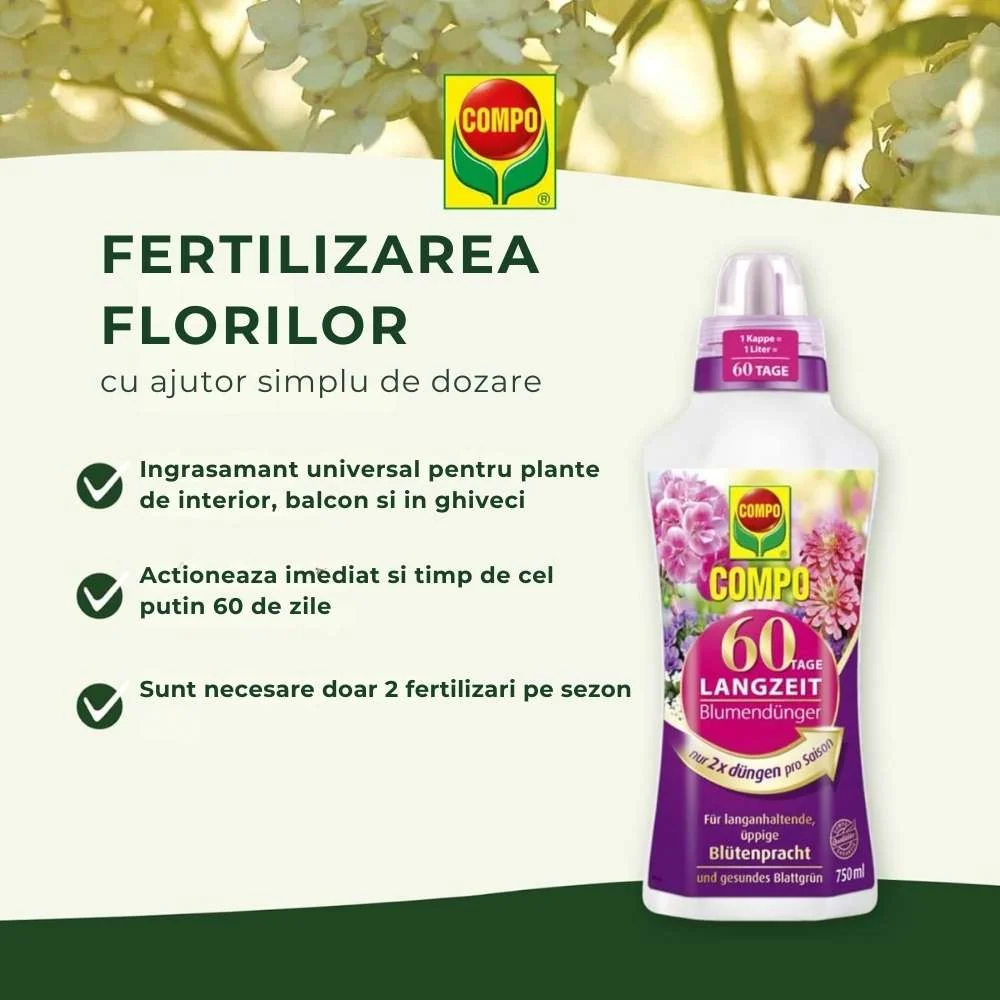 Ingrasamant lichid COMPO pentru flori cu efect de lunga durata 60 zile, 750 ml