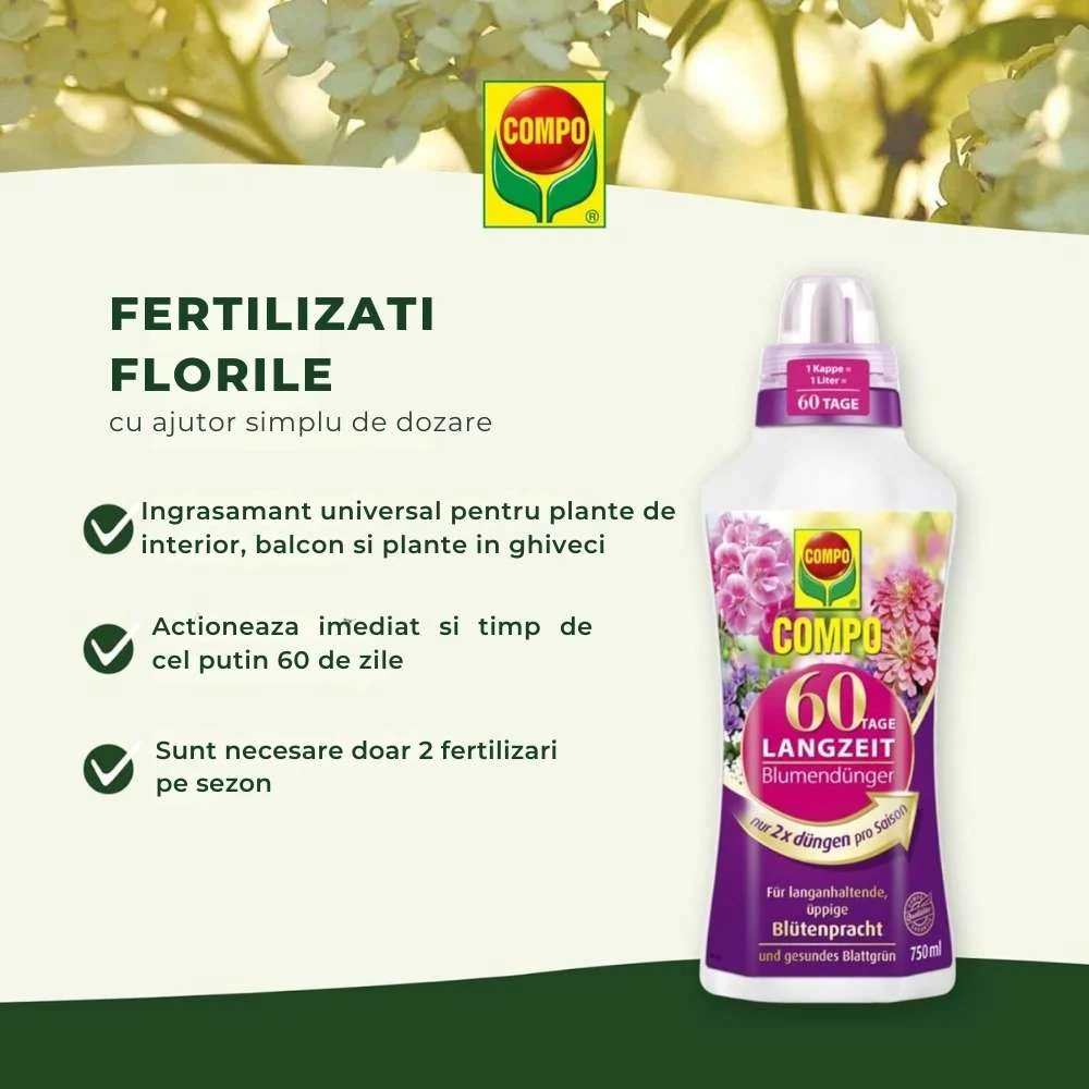 Ingrasamant lichid COMPO pentru flori cu efect de lunga durata 60 zile, 750 ml