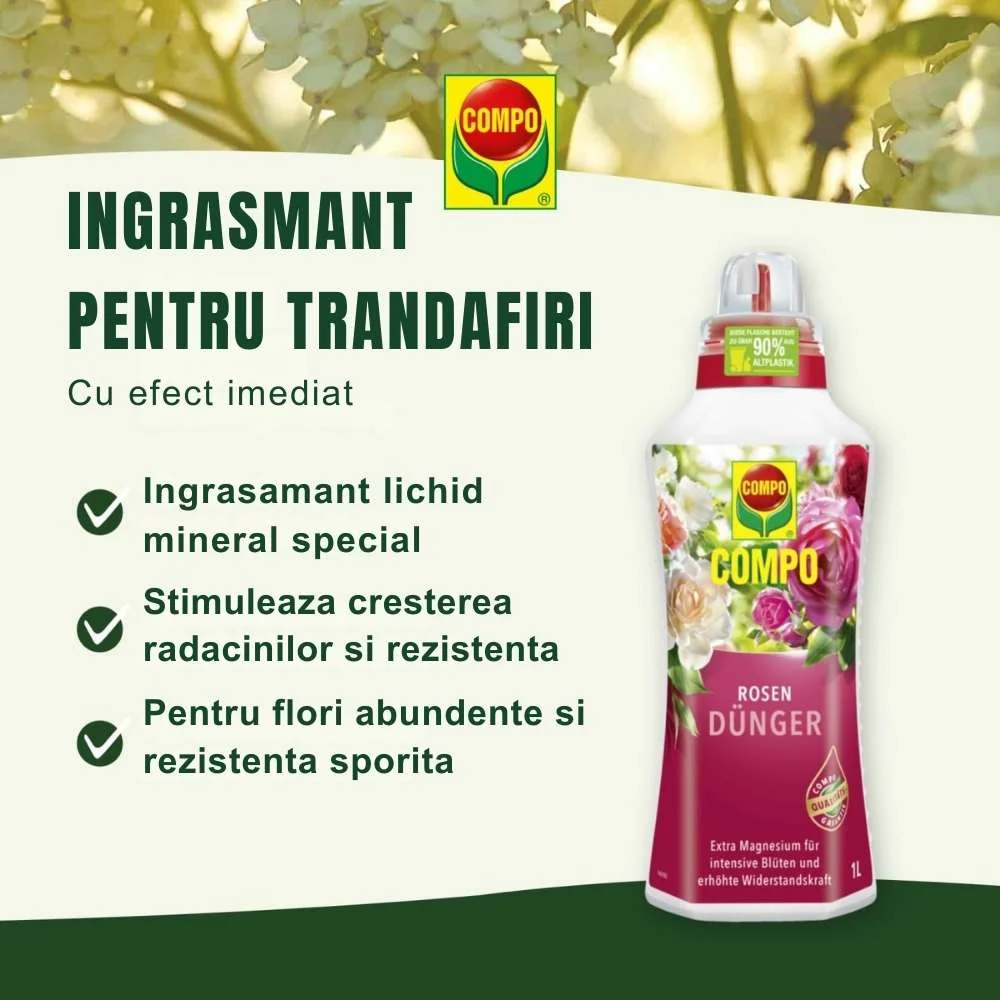 Ingrasamant lichid COMPO pentru trandafiri, flori intense si crestere sanatoasa, 1 l