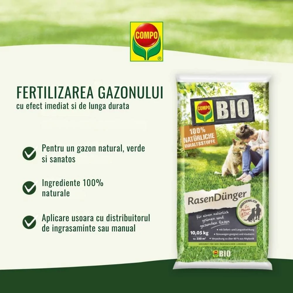 Ingrasamant Organic Granule Fine pentru Gazon, 3 kg pentru 75 mp, cu Efect Natural Instant si de Lunga Durata, COMPO