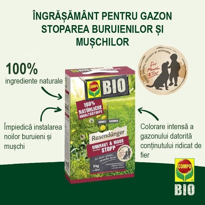 Ingrasamant Organic Granule Fine 3 kg, pentru Gazon impotriva Buruienilor si Muschiului, Ingrijire Completa, COMPO