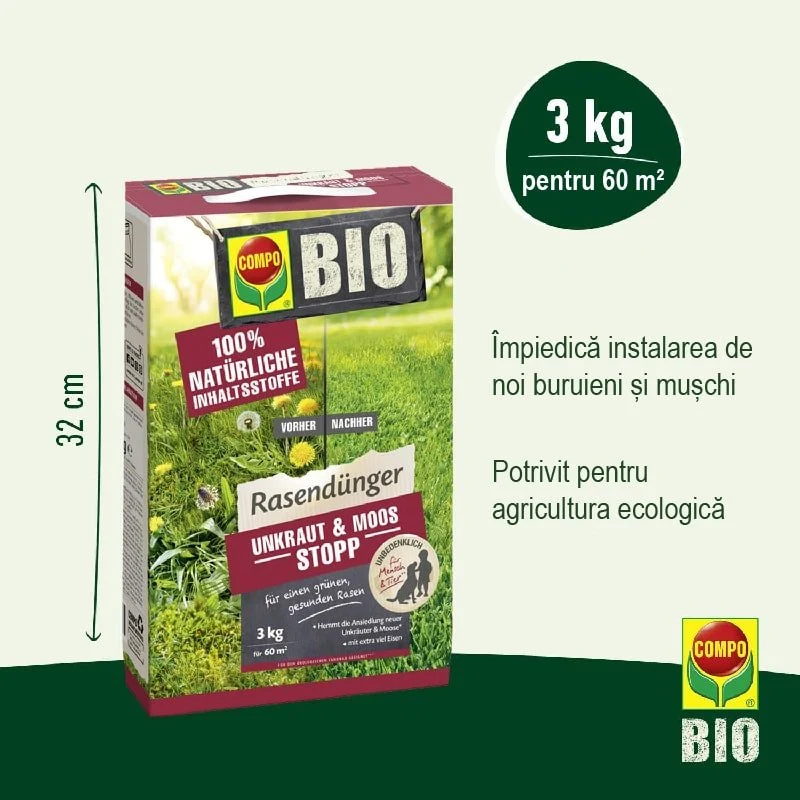Ingrasamant Organic Granule Fine 3 kg, pentru Gazon impotriva Buruienilor si Muschiului, Ingrijire Completa, COMPO