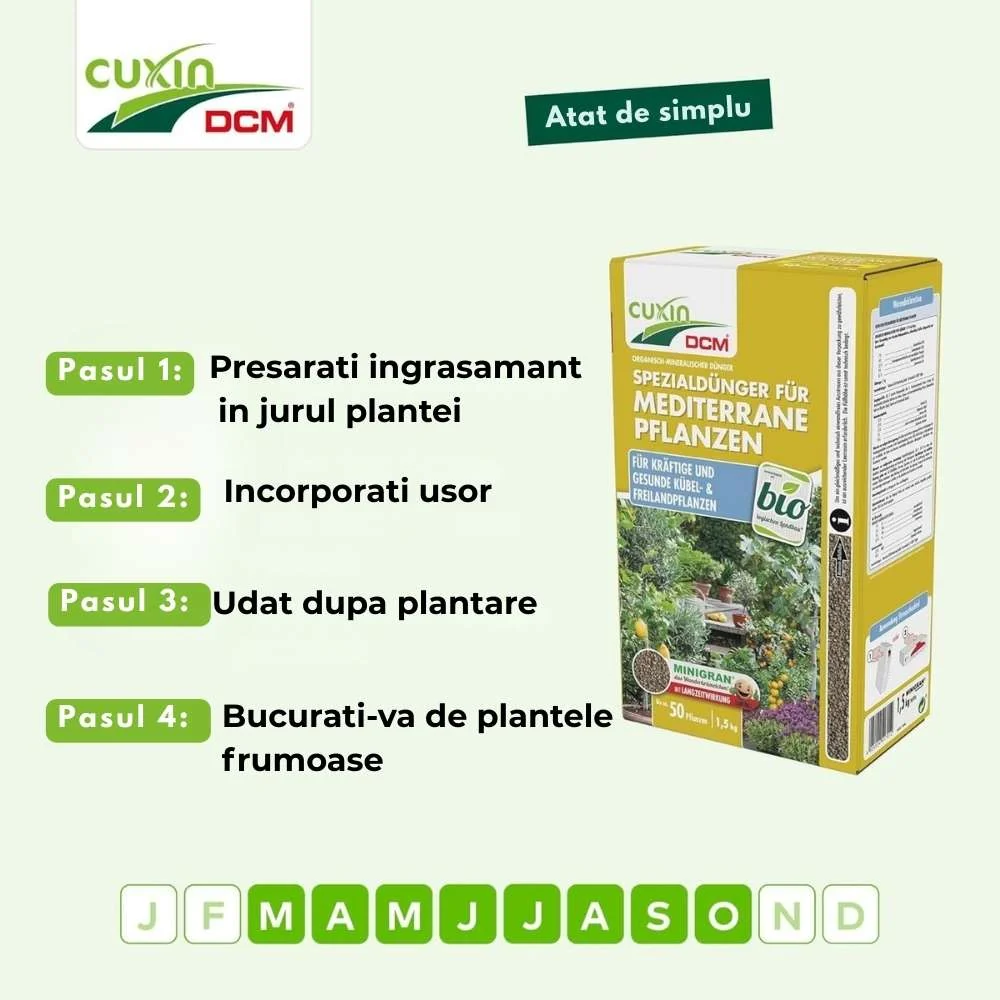 Ingrasamant organic mineral CUXIN DCM pentru plante mediteraneene, tehnologie MINIGRAN, NPK echilibrat, 1.5 kg