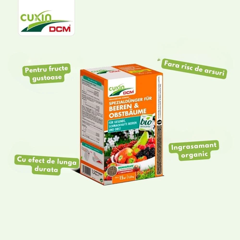 Ingrasamant organic pentru fructe de padure si pomi fructiferi CUXIN DCM, tehnologie MINIGRAN, fertilizant cu eliberare le...