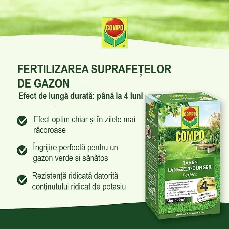 Ingrasamant Organic pentru Gazon, 6 kg pentru 240 mp, Efect de Lunga Durata, COMPO