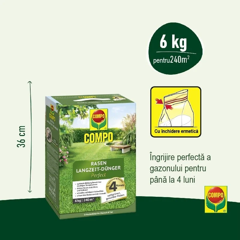Ingrasamant Organic pentru Gazon, 6 kg pentru 240 mp, Efect de Lunga Durata, COMPO