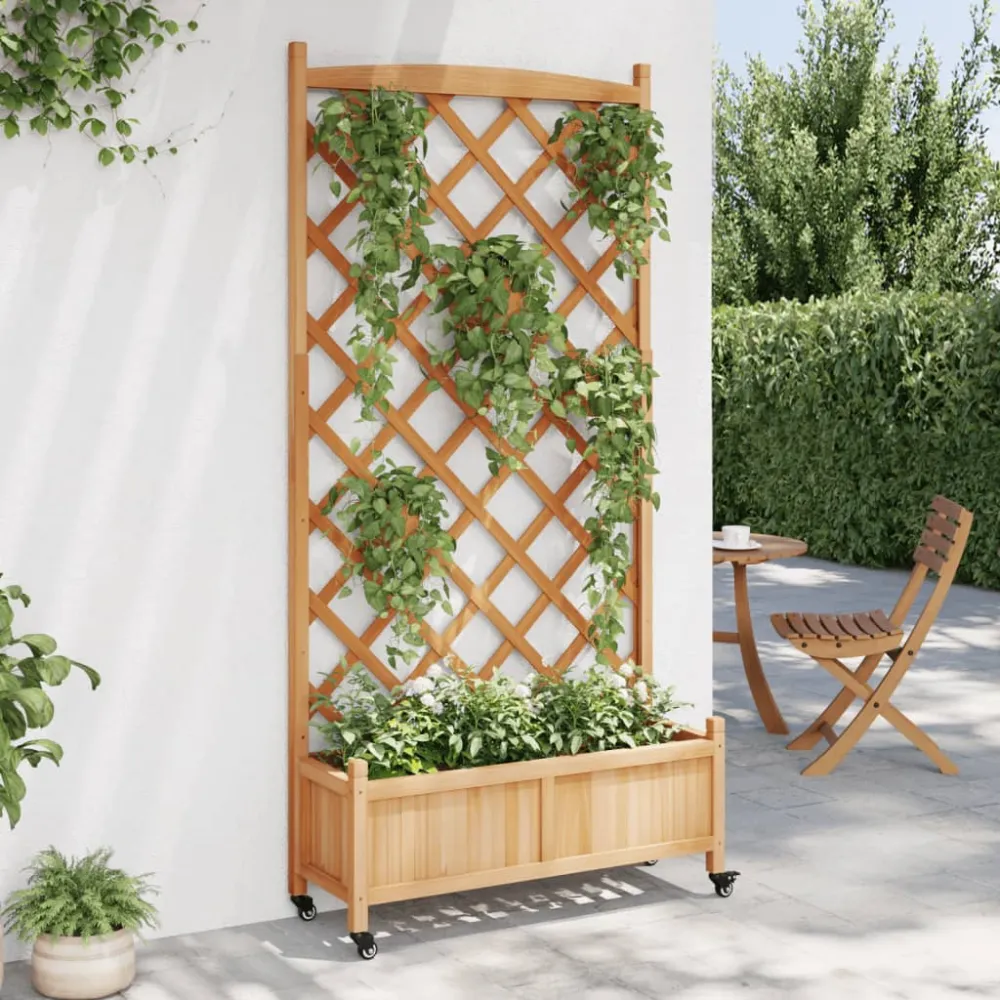 Jardinieră cu spalier și roți, maro, lemn masiv de brad