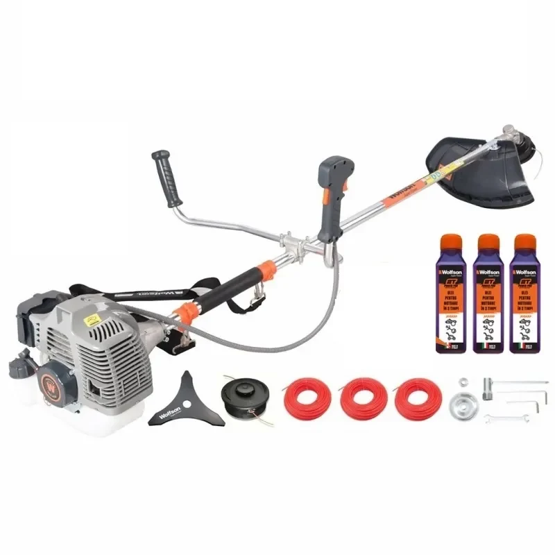 Motocoasa profesionala WOLFSON® TRX-620, 2 CP, 52CC, 8 accesorii, ham comfort plus, 3 ulei rosu 2T Premium Made Italy
