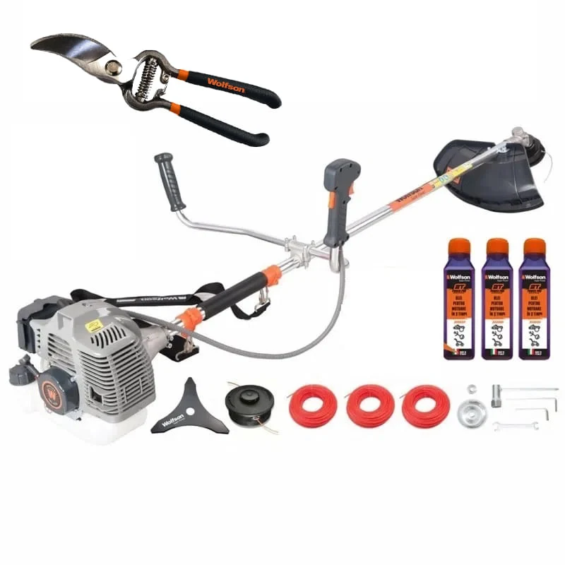 Motocoasa profesionala WOLFSON TRX-620, 2 CP, 8 accesorii, ham confort, 3 sticle de ulei rosu + foarfeca taiere via