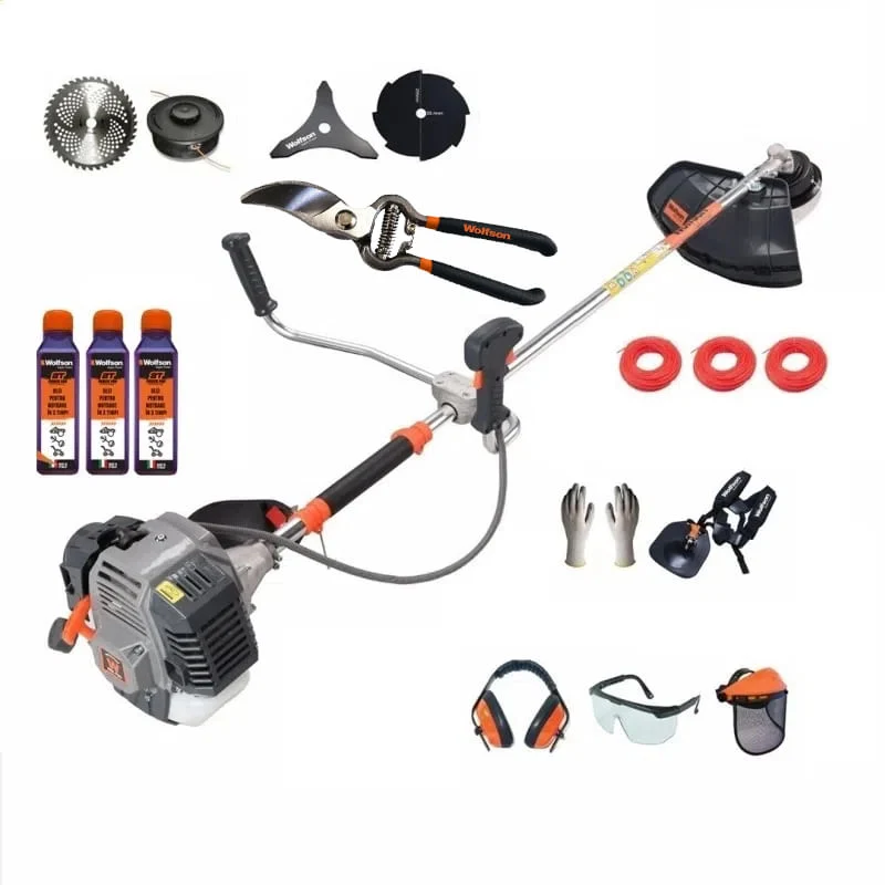 Motocoasa profesionala WOLFSON TRX-800, 15 accesorii, ham profesional, 3 sticle de ulei rou + foarfeca taiere via