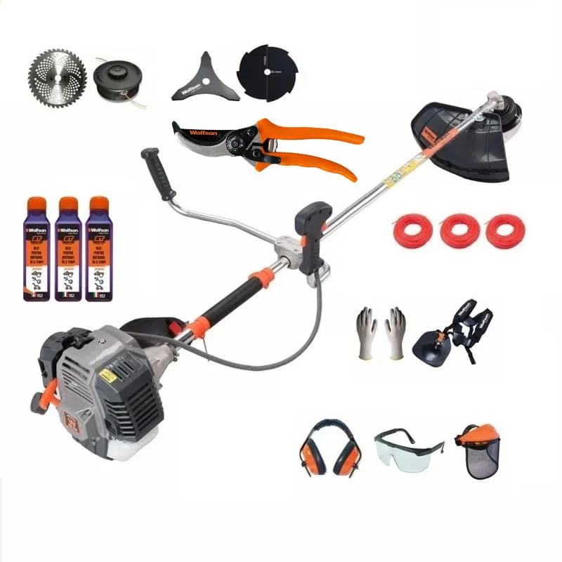 Motocoasa profesionala WOLFSON TRX-800, 15 accesorii, ham profesional, 3 sticle de ulei rou + foarfeca taiere crengi