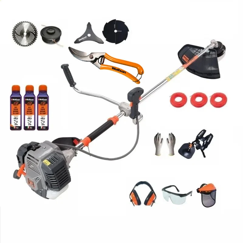 Motocoasa profesionala WOLFSON TRX-800, 15 accesorii, ham profesional, 3 sticle de ulei rou + foarfeca taiere via