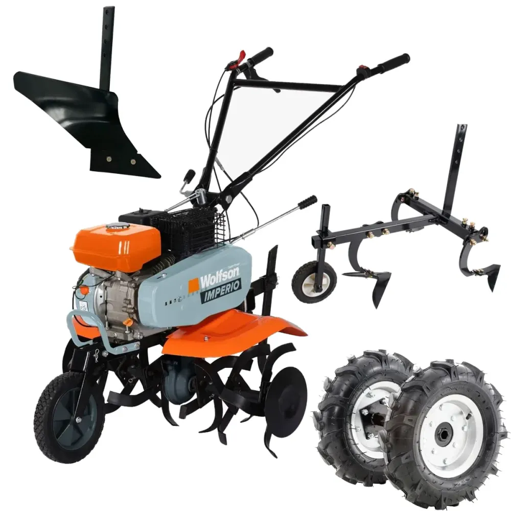 Motosapa pe benzina Wolfson Imperio, 7CP, 212cc, latime de lucru 80cm, cu roti de transport + plug arat si prasitoare cu r...