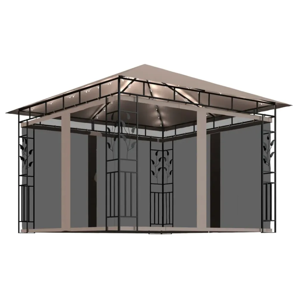 Pavilion cu plasă anti-țânțari&lumini LED,gri taupe, 3x3x2,73 m