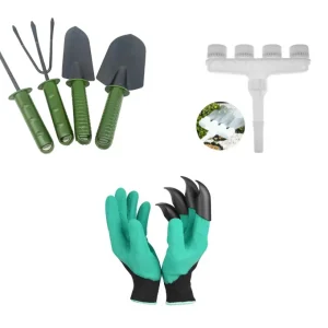 Set gradinarit - 4 unelte pentru gradinarit + manusi de gradina cu gheare + Pulverizator apa 4 duze