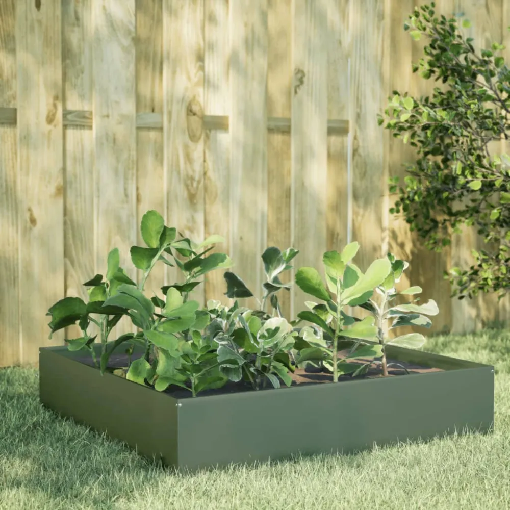 Strat înălțat de grădină, verde măsliniu, 100x100x33,5 cm, oțel