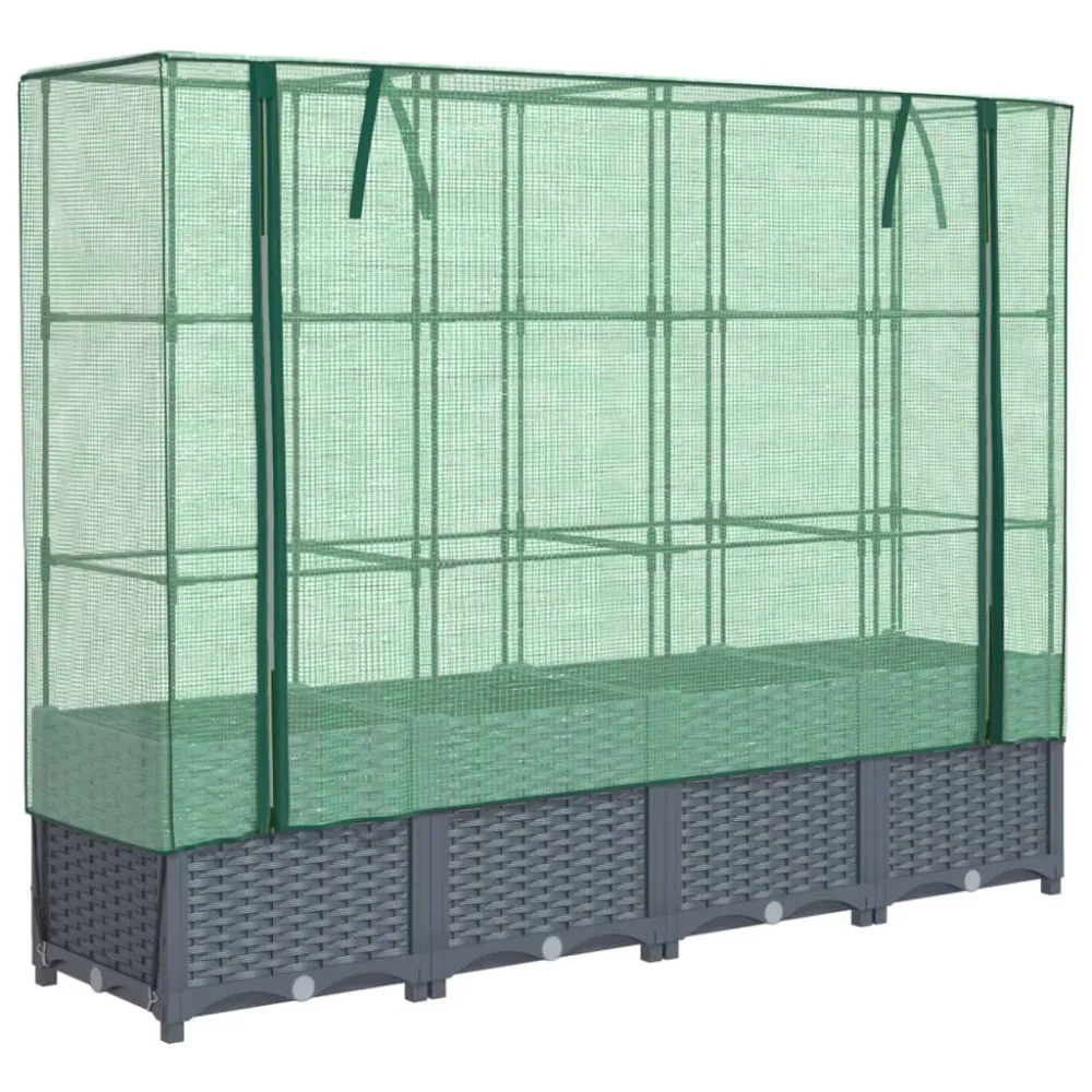 Strat înălțat cu husă de seră, aspect ratan, 160x40x138 cm
