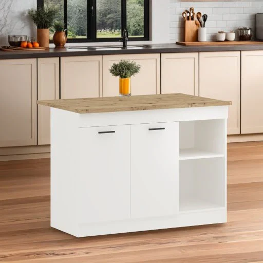 Insula Bucatarie Vigra, Stejar Artisan/Alb, 122 x 76 x 90 cm