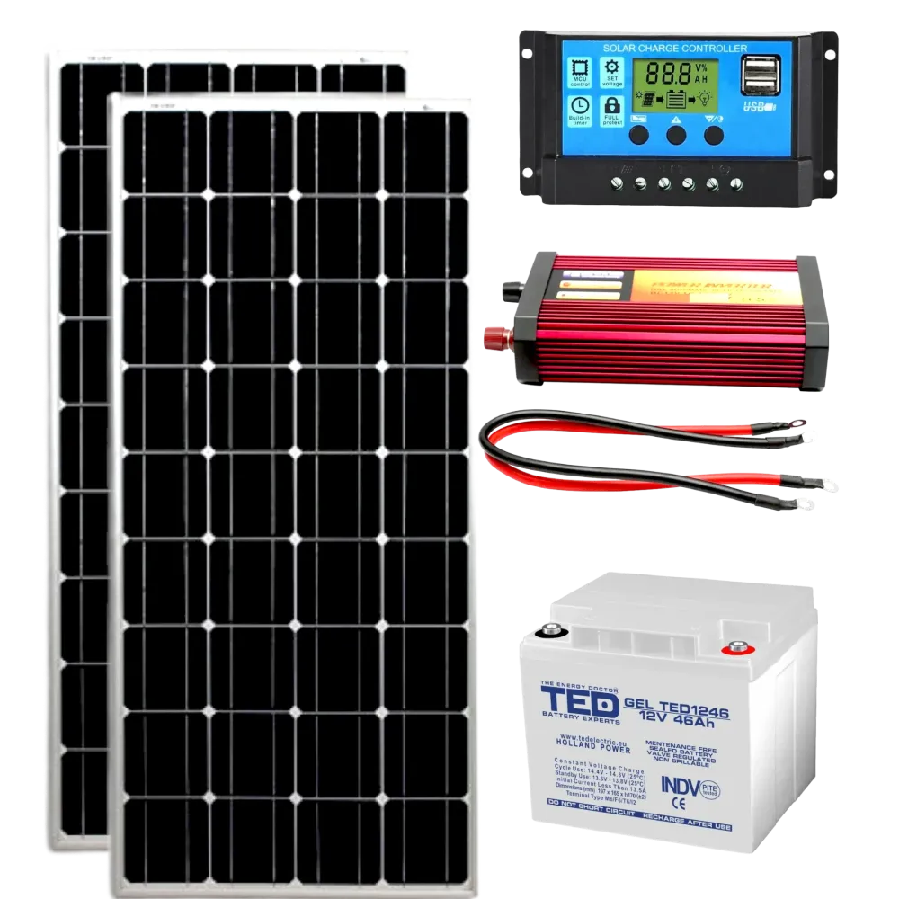 Kit fotovoltaic 2 panouri 170w Controller 60A Invertor 1000w acumulator 46Ah
