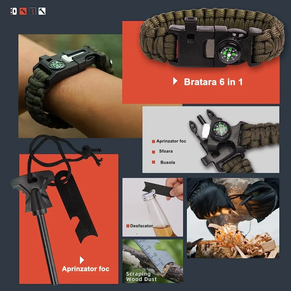 Kit supravietuire multifunctional Vivimall, Instrumente profesionale, Agatatoare ghiozdan, pentru Camping, Drumetii, Avent...