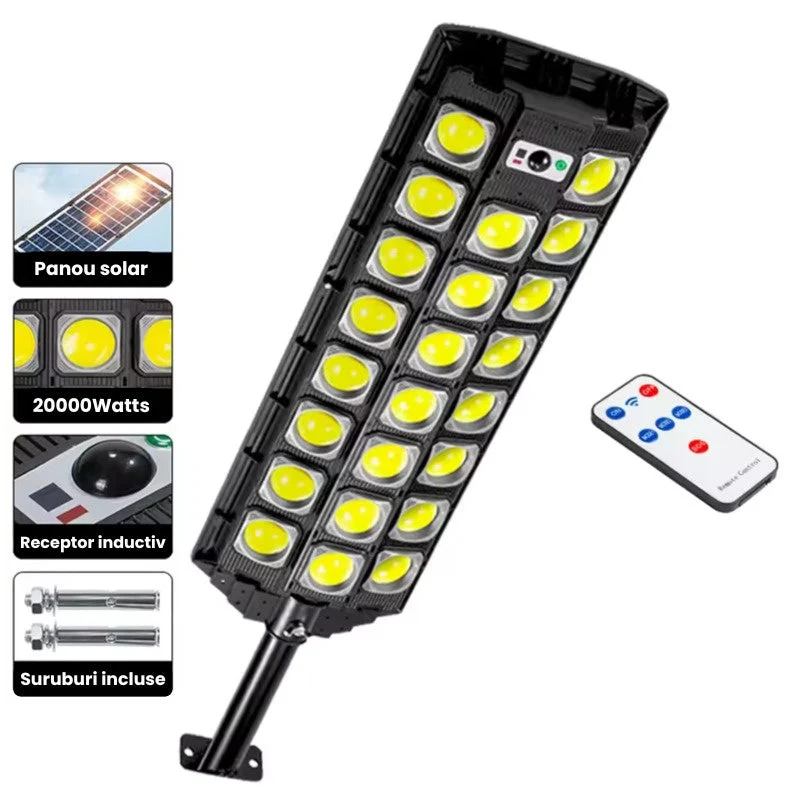 Lampă Solară Stradală cu 23 LED-uri COB, Senzor de Mișcare, Telecomandă și Protecție IP65 – Negru