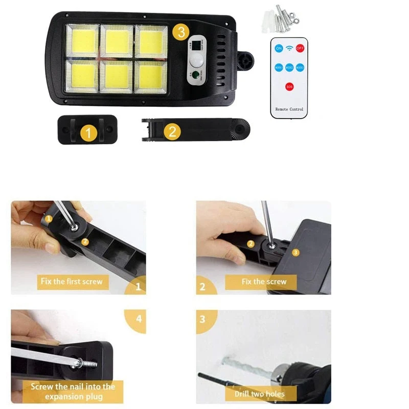 Set 4x Lampi cu Incarcare Solara - JORTAN, 100W, 160 LED-uri COB, cu Telecomanda, Senzor de miscare
