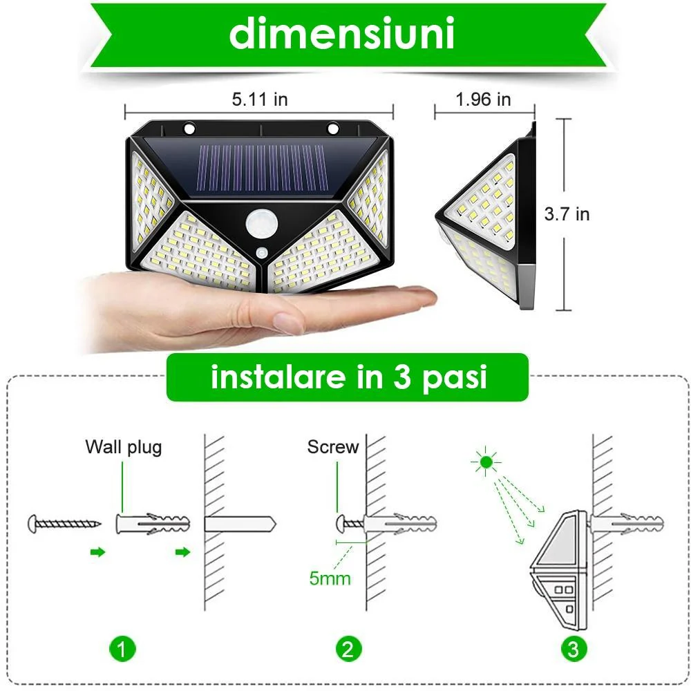 Set 4x Lampi Solare LED 100, 4 Cadrane - Senzor Miscare + Lumina 270°
