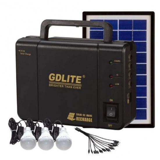 Sistem Iluminat Solar GDLite cu 3 Becuri LED, Panou Solar 6V 4Ah, Port USB, Baterie Reincarcabila