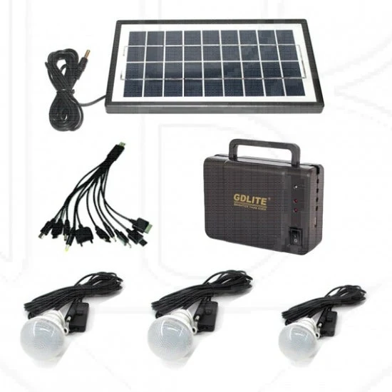 Sistem Iluminat Solar GDLite cu 3 Becuri LED, Panou Solar 6V 4Ah, Port USB, Baterie Reincarcabila
