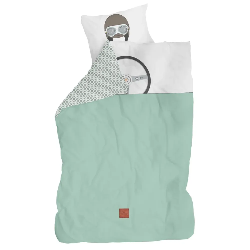 Set lenjerie pat pentru copii, Road Trip Race, bumbac satinat, alb-verde, 140x200 cm