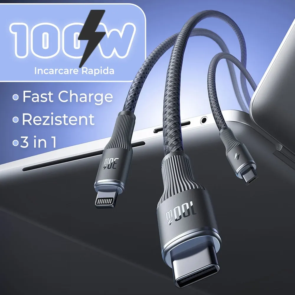 Cablu de Incarcare 3 1 Timebox, USB-C la Type-C, 100W, 1,5m, Lightning, Negru