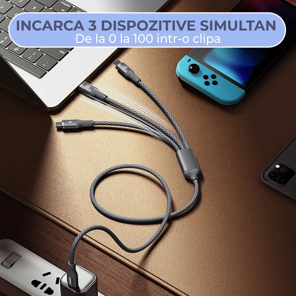 Cablu de Incarcare 3 1 Timebox, USB-C la Type-C, 100W, 1,5m, Lightning, Negru