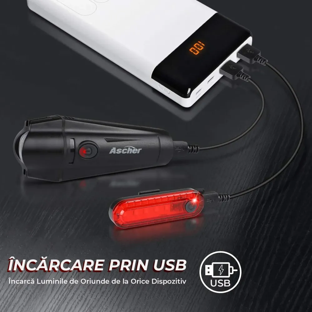 Set lumini bicicletă față/spate, 300 lumeni, USB, 4 moduri, IPX4, negru
