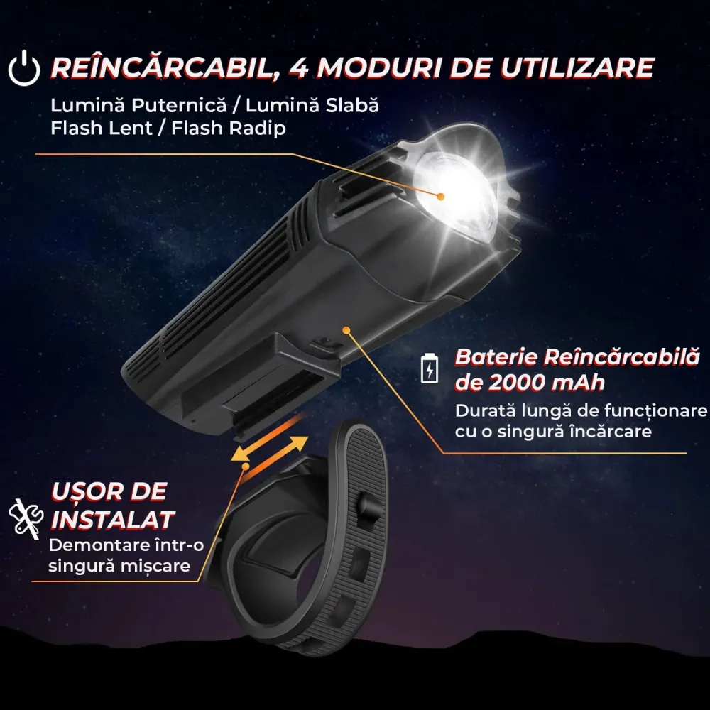Set lumini bicicletă față/spate, 300 lumeni, USB, 4 moduri, IPX4, negru