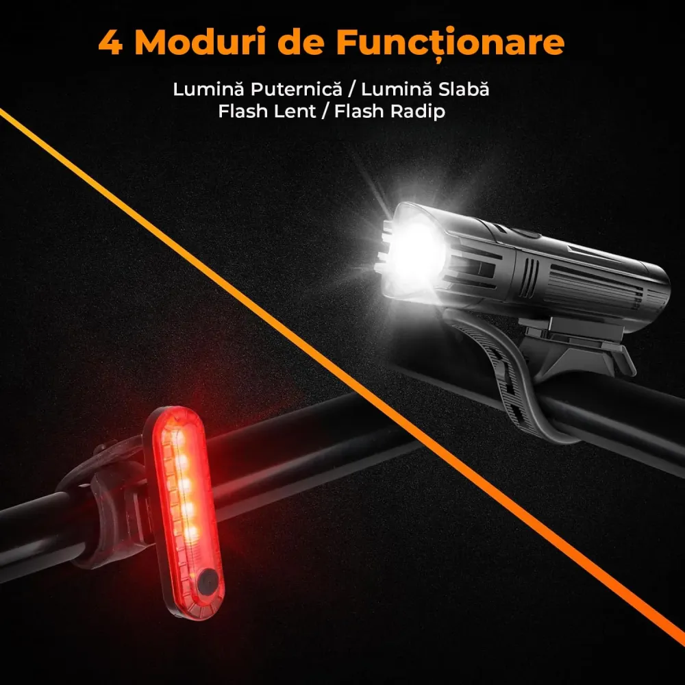 Set lumini bicicletă față/spate, 300 lumeni, USB, 4 moduri, IPX4, negru