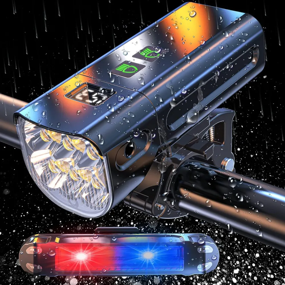 Set Lumini Bicicleta Fata / Spate cu 5 Moduri de Functionare, 1500 Lumeni, Reincarcabil USB-C, 5200 mAh, Functie Power Ban...