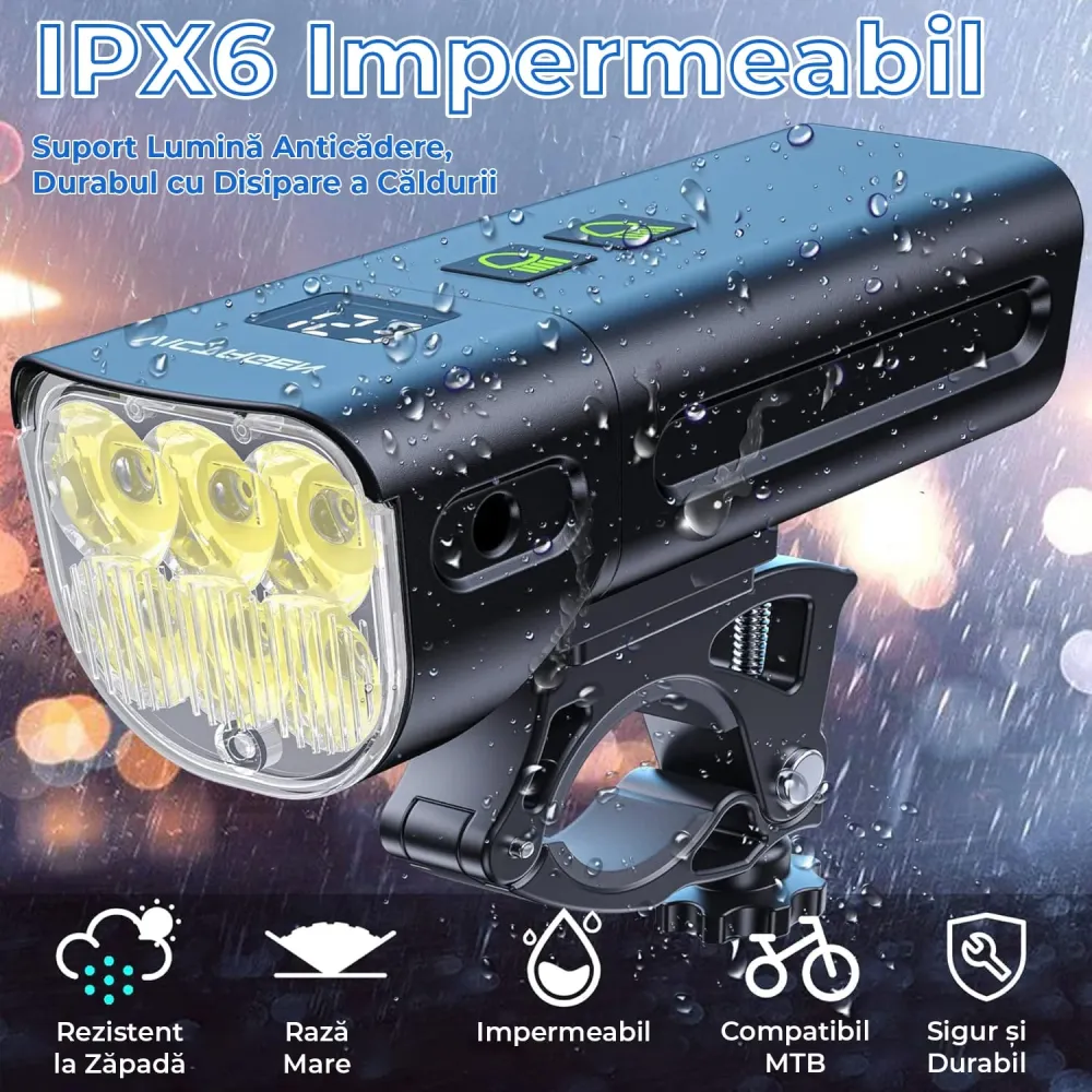 Set Lumini Bicicleta Fata / Spate cu 5 Moduri de Functionare, 1500 Lumeni, Reincarcabil USB-C, 5200 mAh, Functie Power Ban...