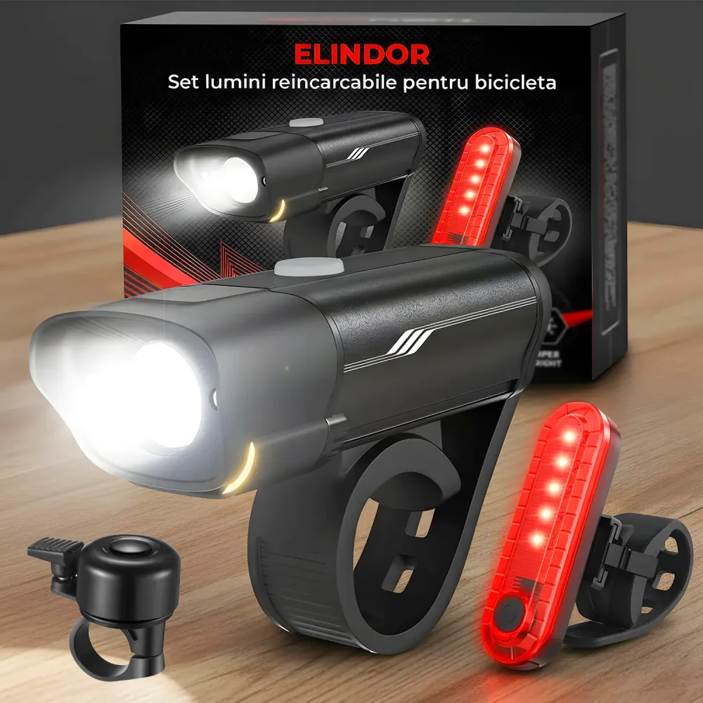 Set Lumini pentru Bicicleta Elindor® Far Fata 400 Lumeni, cu 5 Moduri de Iluminare, Lumina Stop Spate LED, Impermeabil IPX...