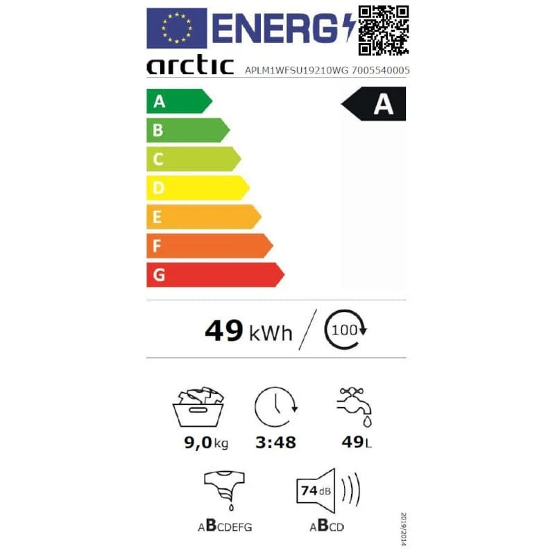 Masina de spalat rufe Arctic APLM1WFSU19210WG | 9kg, 1200RPM, 15 Programe, Alb