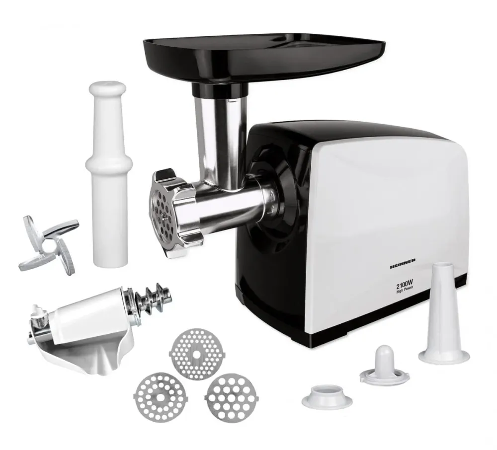 Masina de Tocat Heinner MG-2100BKWH | 2100W, Accesorii Incluse, Negru/Alb