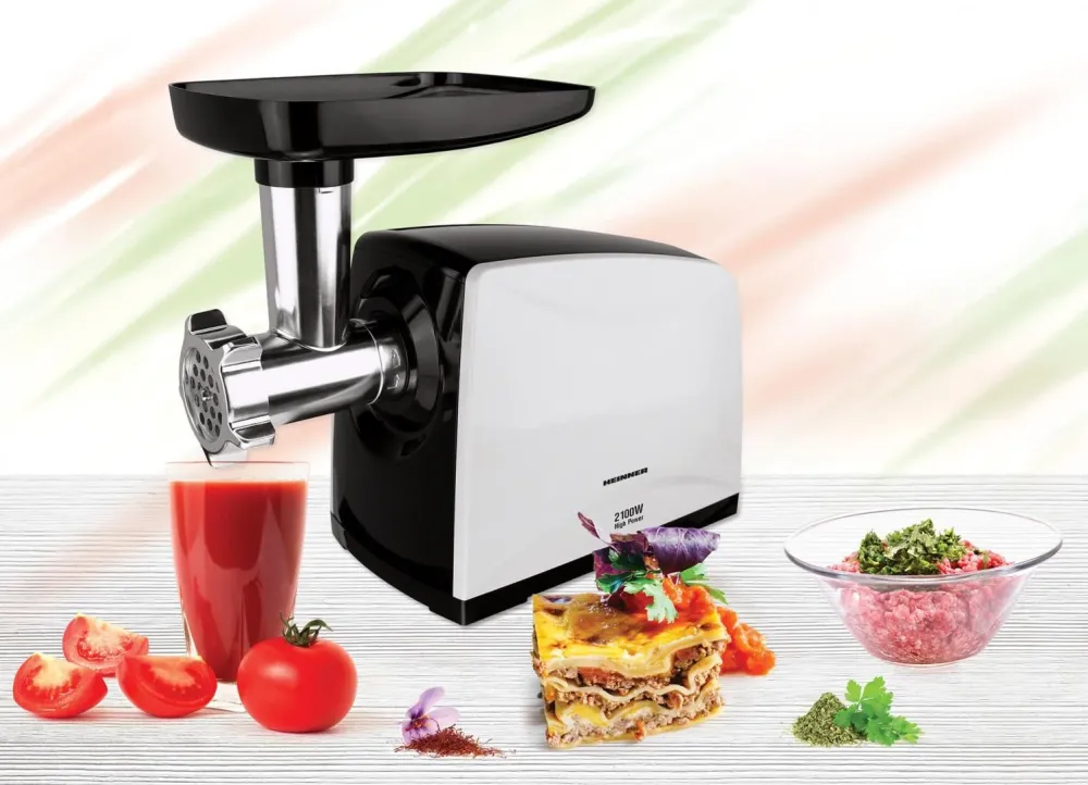 Masina de Tocat Heinner MG-2100BKWH | 2100W, Accesorii Incluse, Negru/Alb