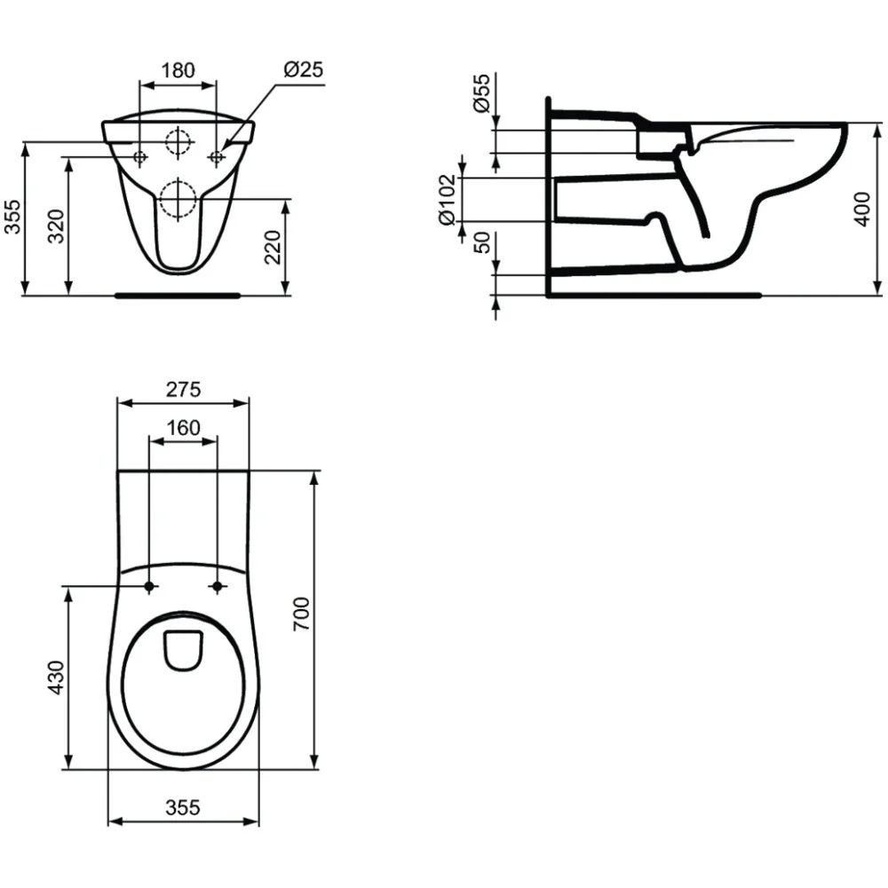 Vas WC dizabilitati suspendat Ideal Standard Contour 21 Rimless 35x70 cm evacuare orizontala